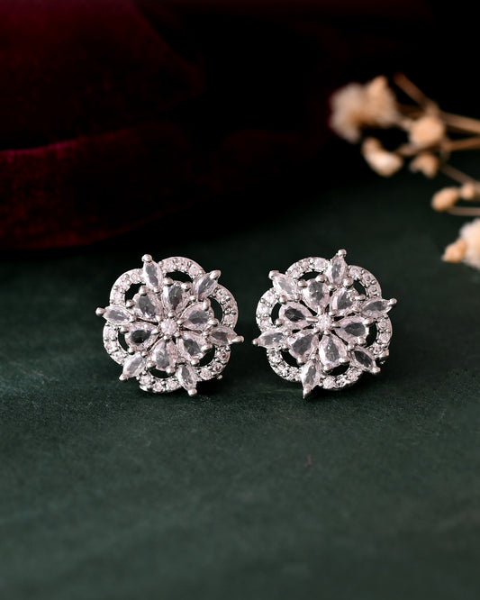 VOJ Silver Plated Floral Shape Ad Stone Studded Studs Earrings - Swadesiicart