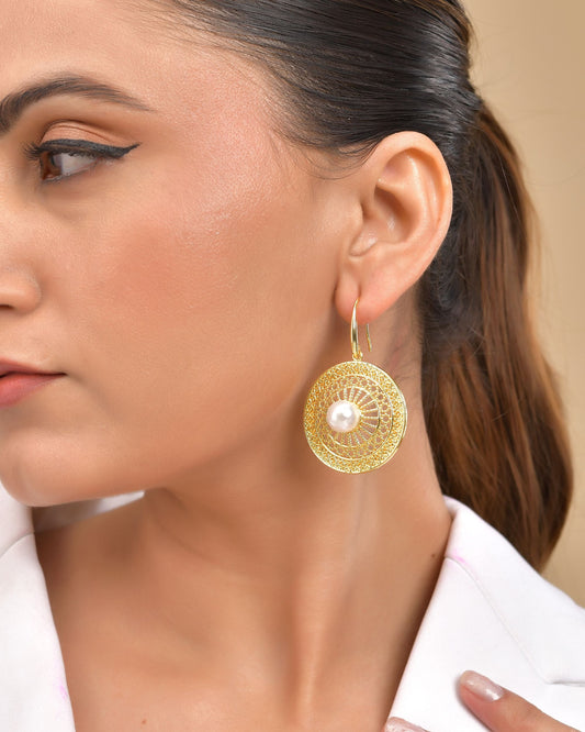 VOJ Gold Polished Anti Tarnish Circular Shaped Drop Earrings - Swadesiicart