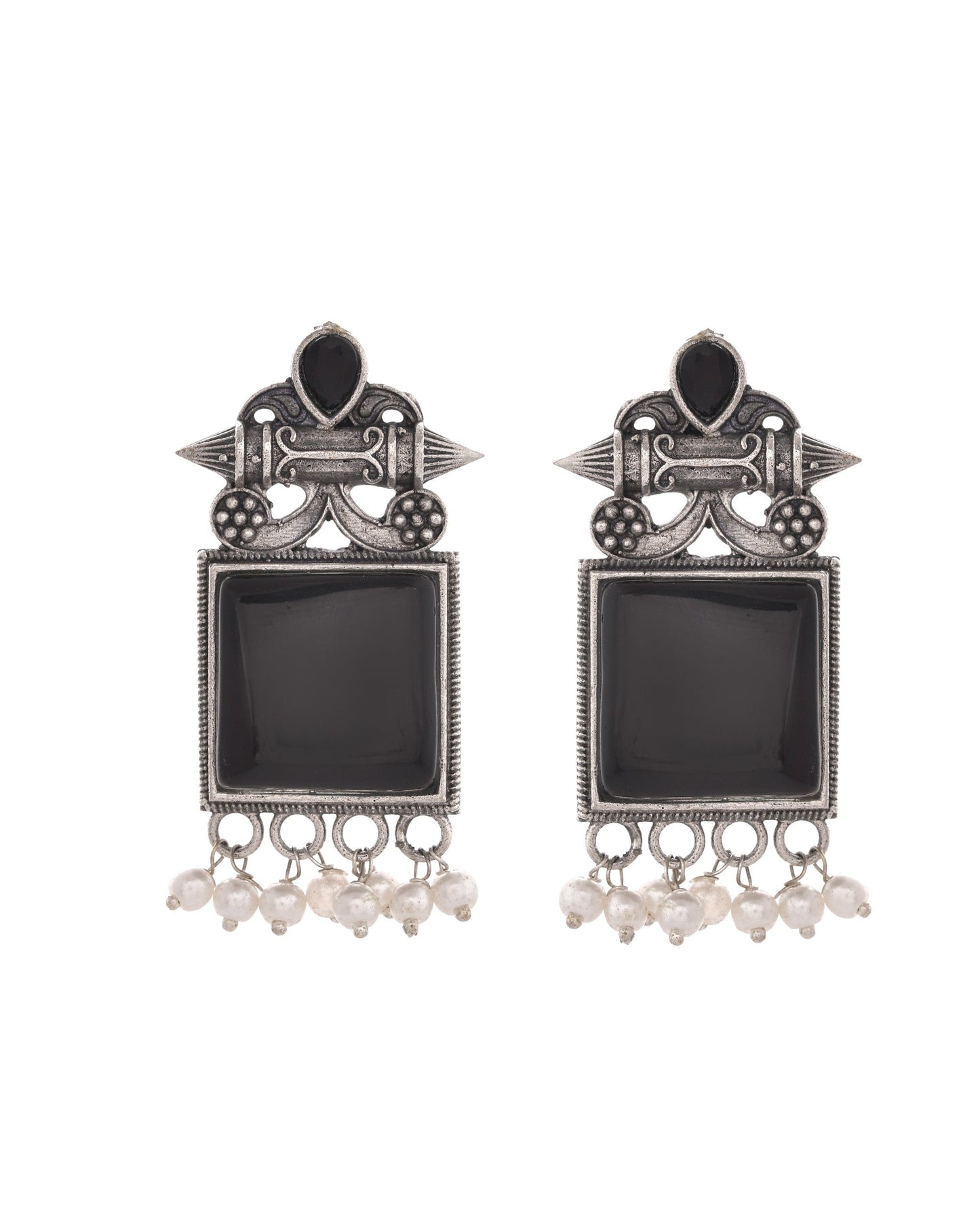 VOJ Silver Plated Oxidized Black Stone Studded Earrings - Swadesiicart
