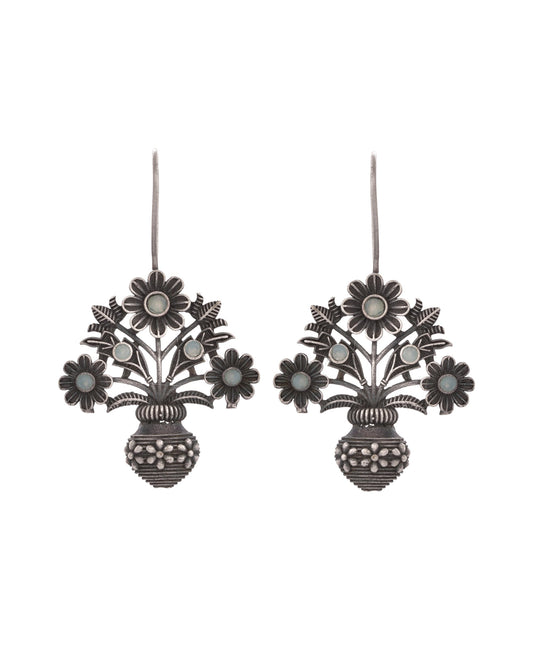 VOJ Silver Plated Floral Shaped Oxidized Drop Earrings - Swadesiicart