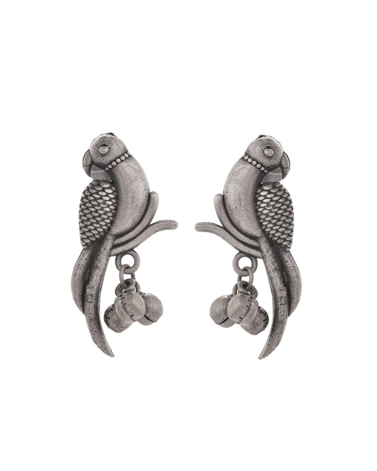 VOJ Silver Plated Oxidized Parrot Shaped Studs Earrings - Swadesiicart