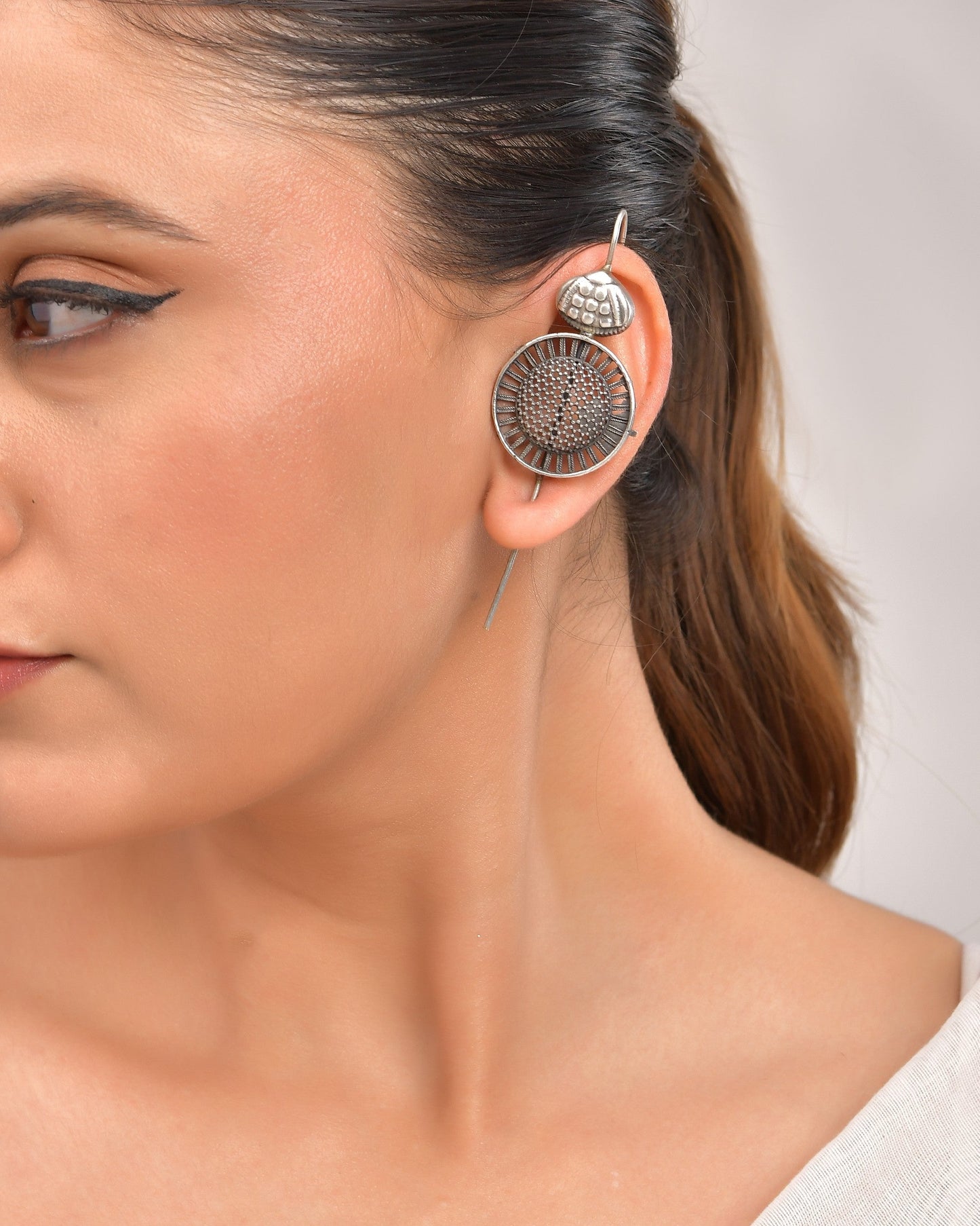 VOJ Silver Plated Circular Shaped Ear Cuff - Swadesiicart