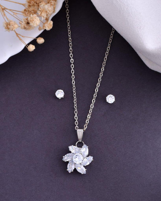 VOJ Silver Plated Flower Pendant Set - Swadesiicart