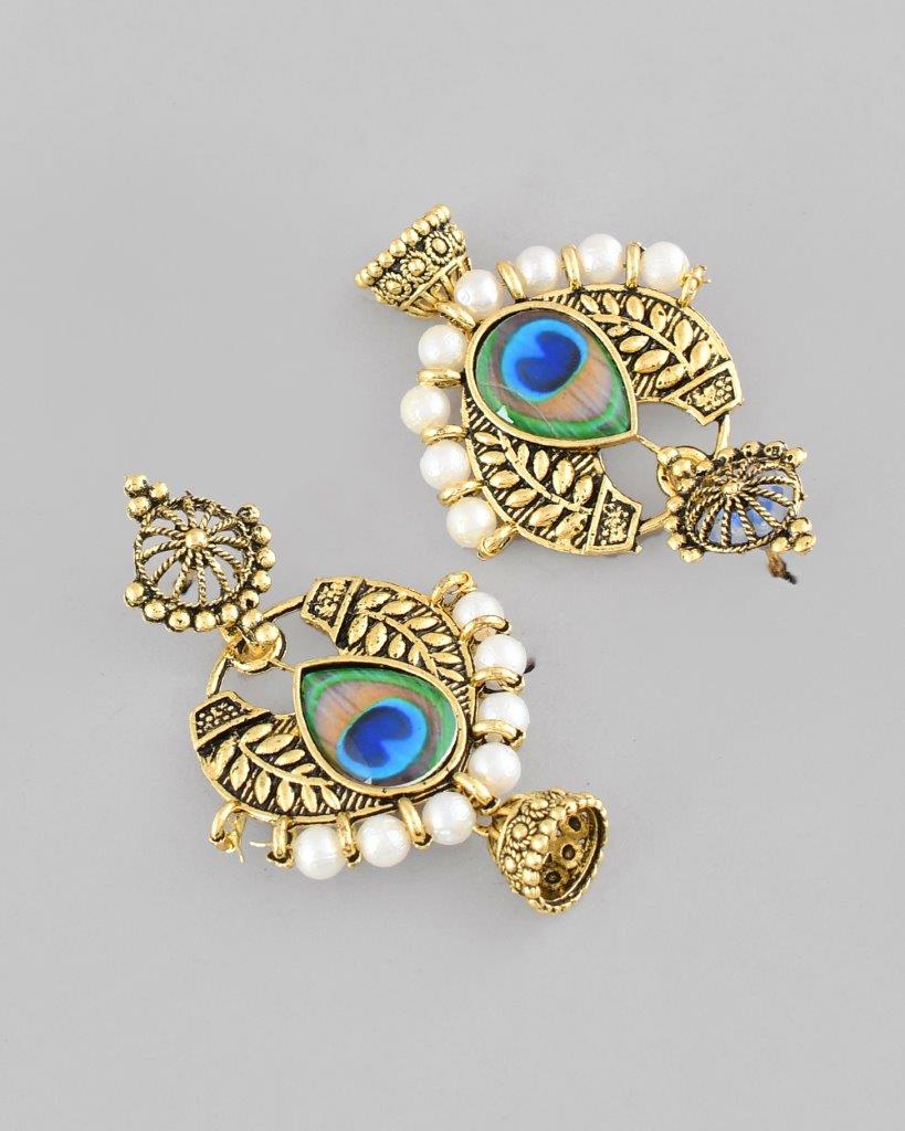 VOJ Gold-Polished Peacock Contemporay Jhumka Earrings - Swadesiicart