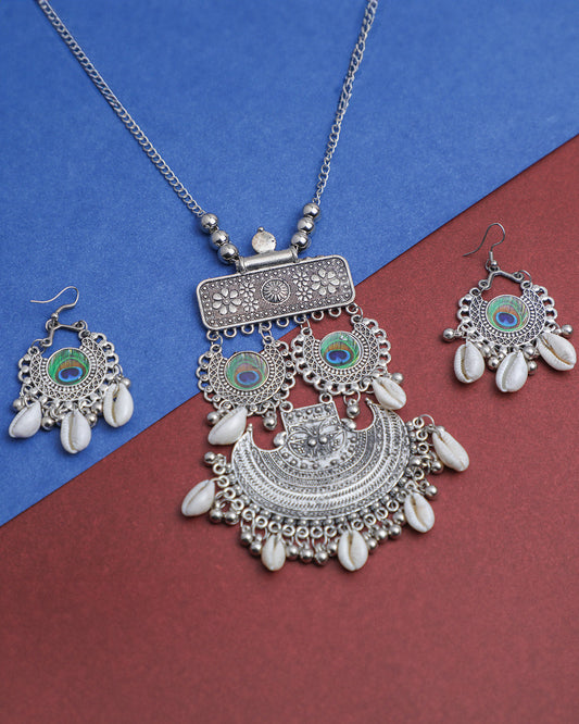 VOJ Oxidised Silver Plated Peacock Feather And Shell Jewellery Set - VOJ (Valley Of Jewellery)