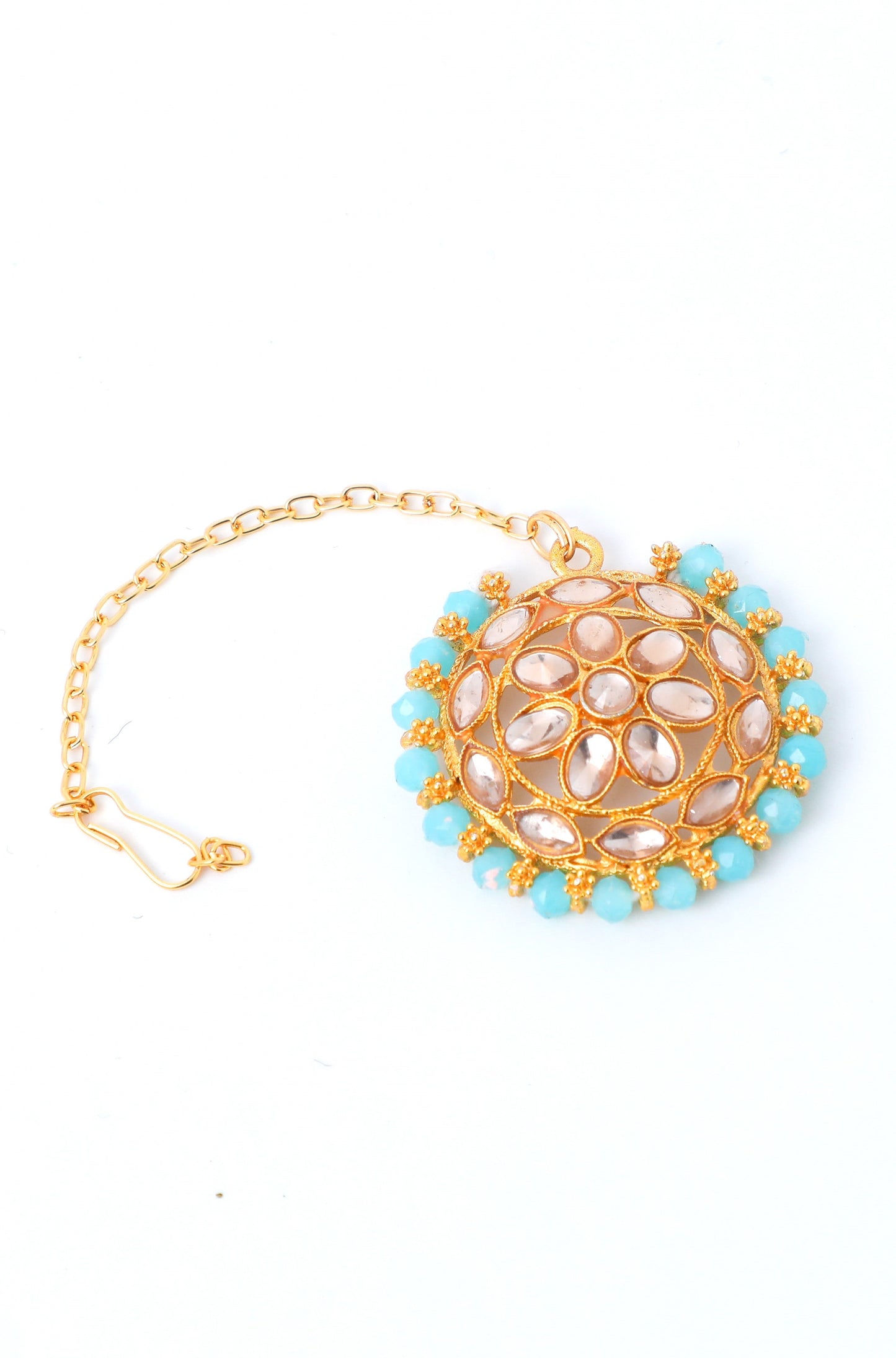 VOJ Gold-Polished Blue Beads Kundan Choker Jewellery Set With Mang Tikka - Swadesiicart