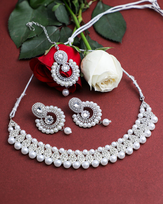 VOJ Silver Plated White Beads And Stone Studded Choker Jewellery Set With Mang Tikka - VOJ (Valley Of Jewellery)
