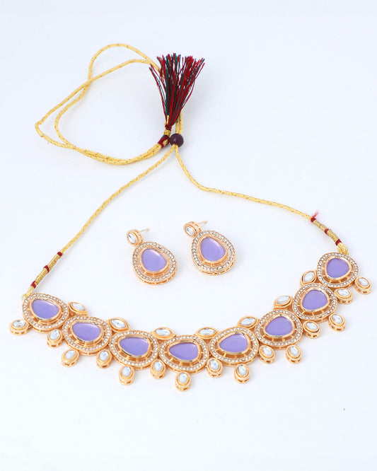 VOJ Gold-Polished Leavender Color Stone Kundan Studded Choker Jewellery Set - Swadesiicart