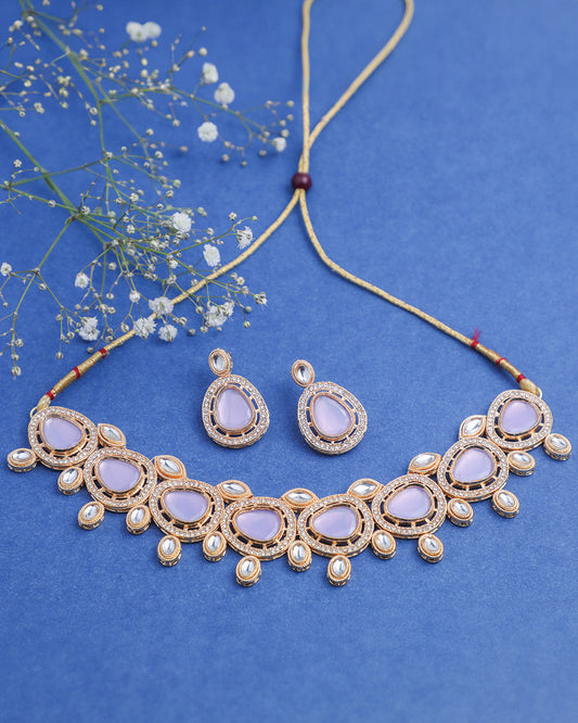 VOJ Gold-Polished Leavender Color Stone Kundan Studded Choker Jewellery Set - VOJ (Valley Of Jewellery)