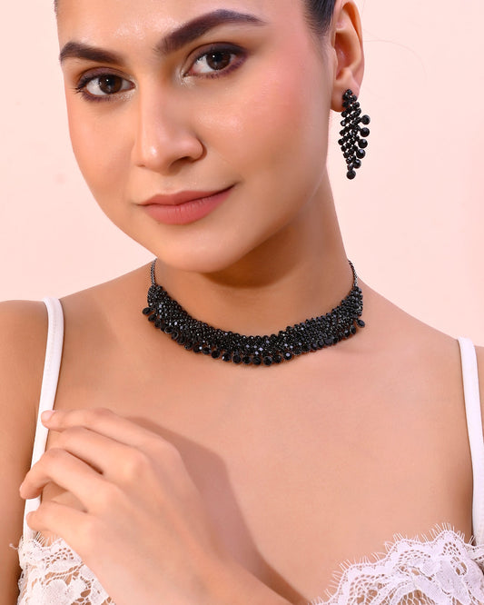 VOJ Black American Diamond Chokar Jewellery Set With Earrings