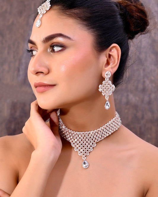 VOJ Silver Plated Party Wear AD Choker Necklace Jewellery Set - Swadesiicart