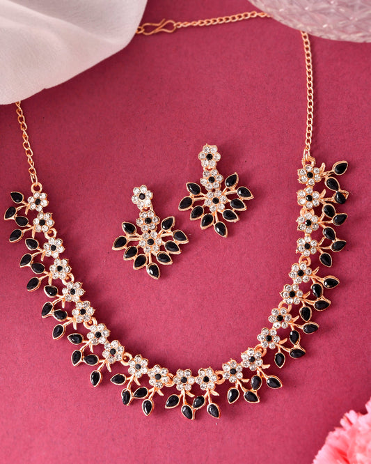 VOJ Gold-Polished Black & White Stone Studded Jewellery Set - Swadesiicart