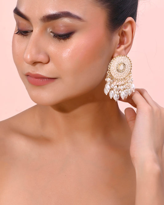 VOJ Gold-Polished White circular Earrings With Pearls - Swadesiicart
