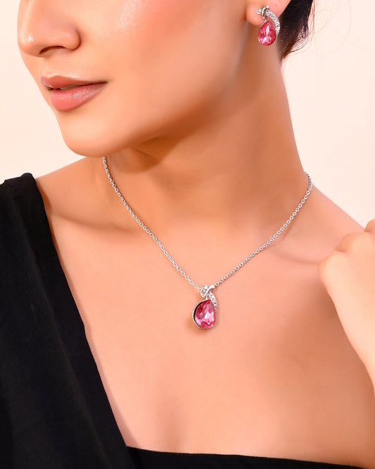 VOJ Silver Plated Chan with Pink and White AD stone Studded Pendant and Earrings Set - Swadesiicart