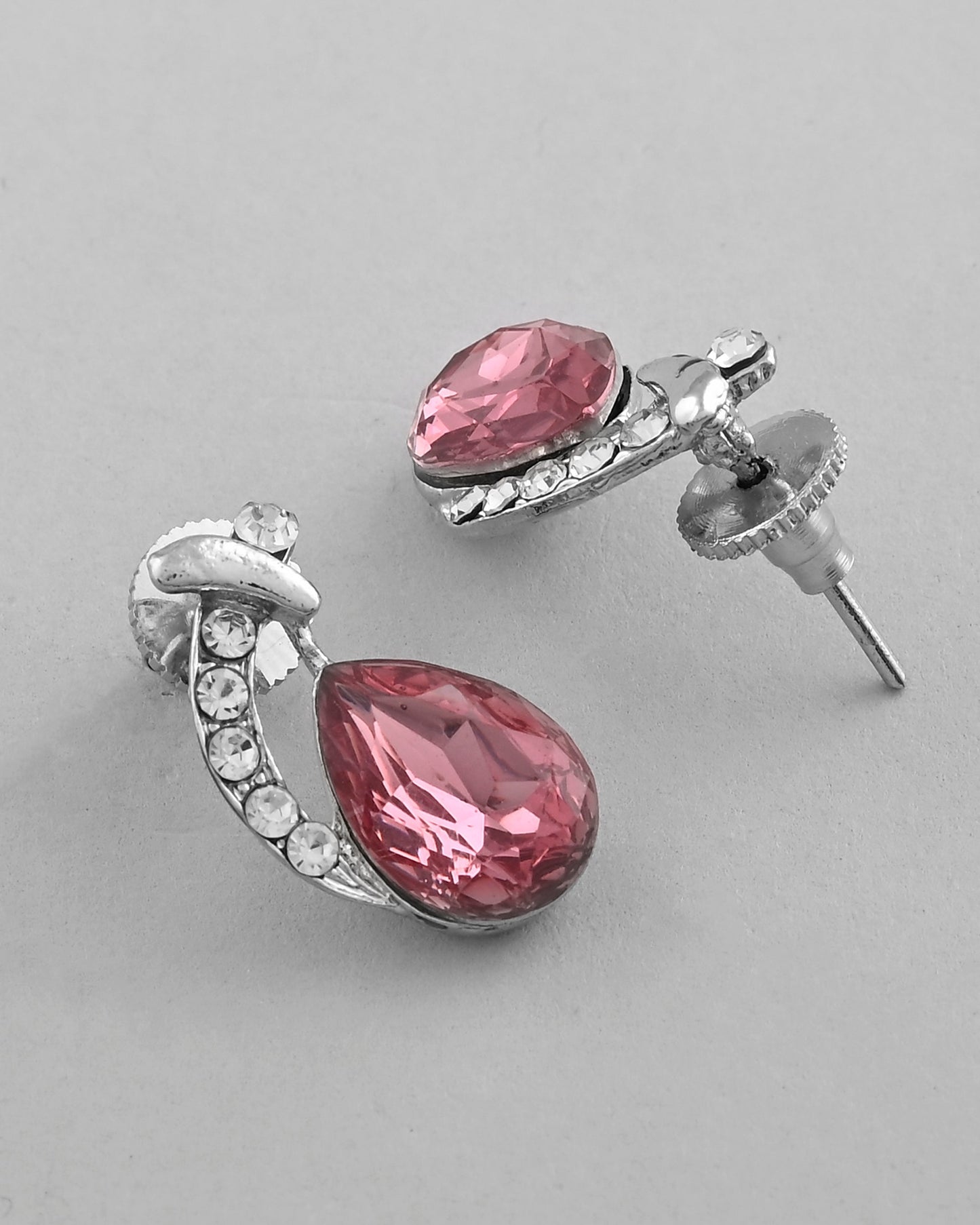 VOJ Silver Plated Chan with Pink and White AD stone Studded Pendant and Earrings Set - Swadesiicart