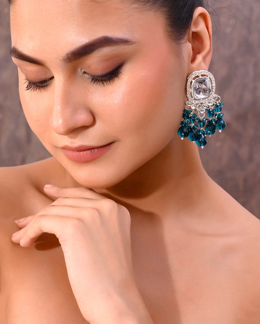 VOJ Silver Plated Kundan Earrings with Teal colour Pearls - Swadesiicart
