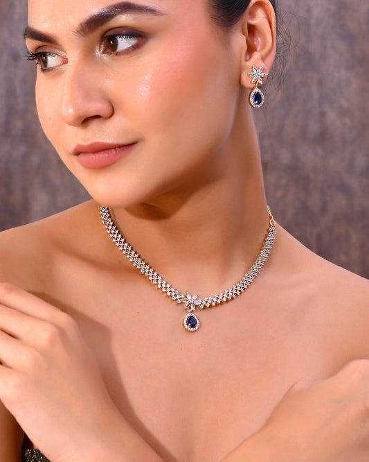 VOJ Gold-Polished White And Blue Colour AD-Studded Jewellery Set - Swadesiicart