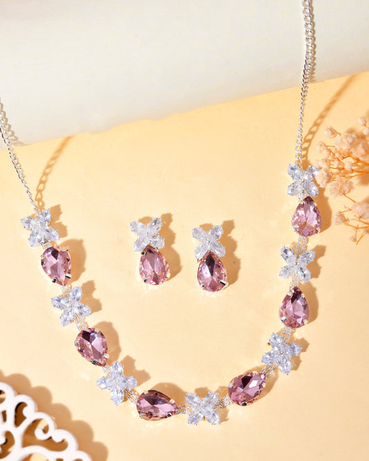 VOJ Silver Plated Pink And White Stone Studded Necklace with Earrings Set - Swadesiicart