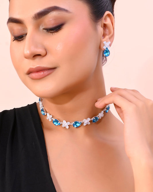VOJ Silver Plated Blue And White Stone Studded Necklace with Earrings Set - Swadesiicart
