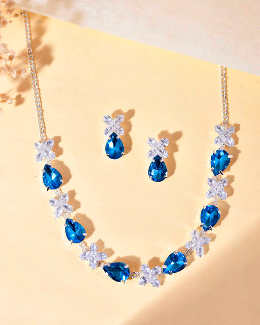 VOJ Silver Plated Blue And White Stone Studded Necklace with Earrings Set - Swadesiicart
