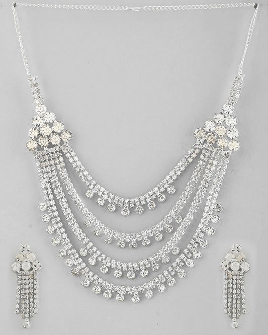 VOJ Silver Plated Stone Studded Multi Layer Jewellery Set - Swadesiicart
