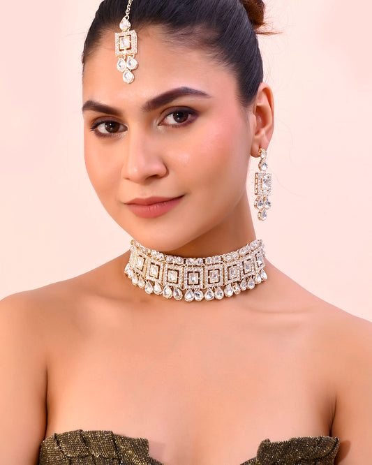 VOJ Silver Plated Stone Studded Designer Necklace With Earrings And Mangtikka - Swadesiicart