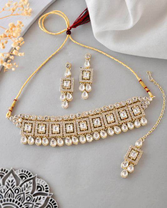 VOJ Silver Plated Stone Studded Designer Necklace With Earrings And Mangtikka - Swadesiicart