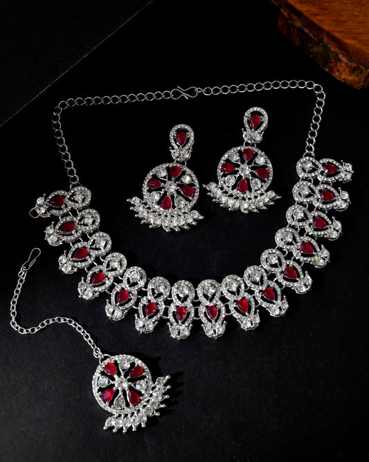 VOJ Silver Plated Pink AD Stone Studded Designer Jewellery Set With Mangtikka - Swadesiicart