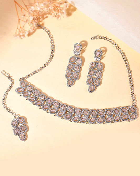 VOJ Silver Plated Baby Pink AD Stone Studded Designer Jewellery Set With Mangtikka - Swadesiicart