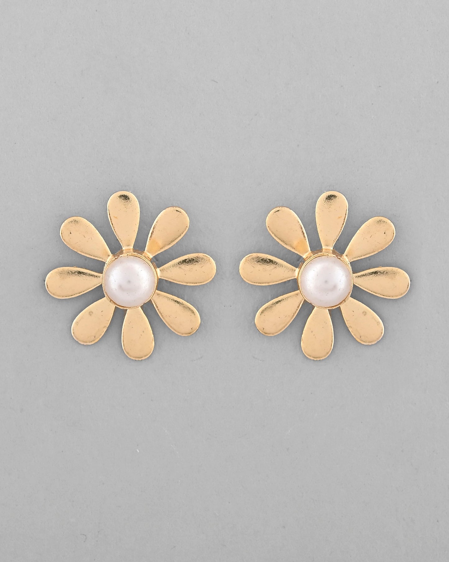 VOJ Gold-Polished Flower Shaped Pearl Stud Earrings - Swadesiicart