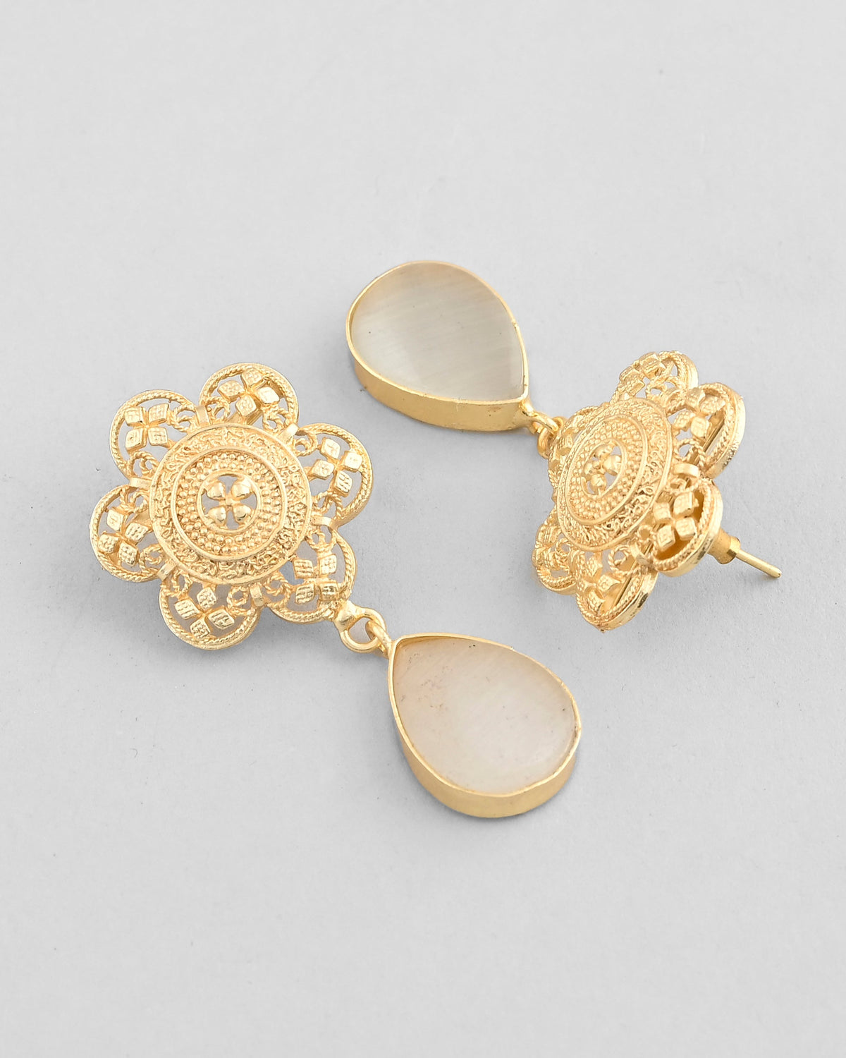 VOJ Gold-Polished Flower Shaped Stone Studded Drop Earrings