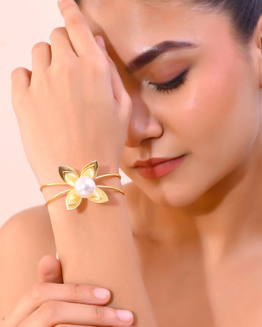 VOJ Gold-Polished Flower Shaped With Pearl In Center Kada Bracelet - Swadesiicart