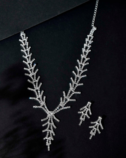VOJ AD Stone Studded Silver Plated Designer Jewellery Set - Swadesiicart