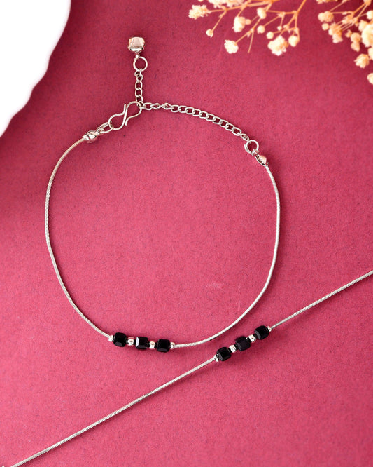 VOJ Set Of 2 Silver Plated With Black Beads Anklet - Swadesiicart