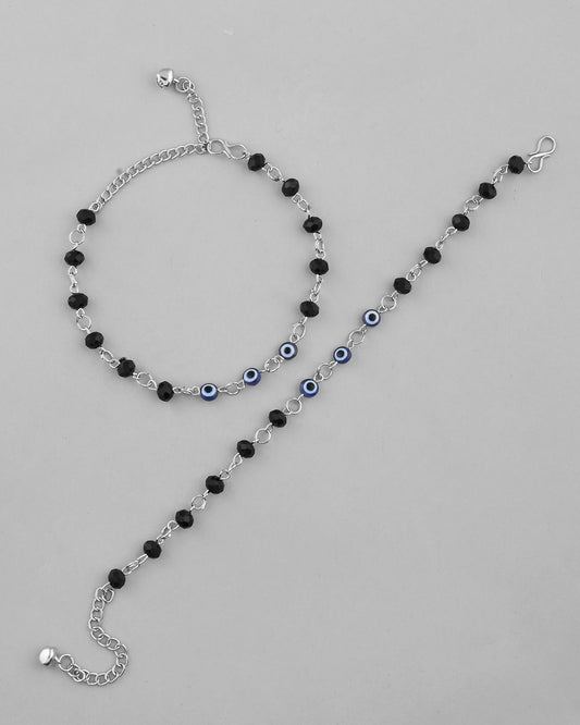 VOJ Set Of 2 Silver Plated With Black beads and Evil Eye Anklet - Swadesiicart