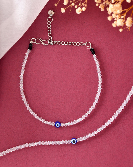 VOJ Set Of 2 Silver Plated With White beads and Evil Eye Anklet - Swadesiicart