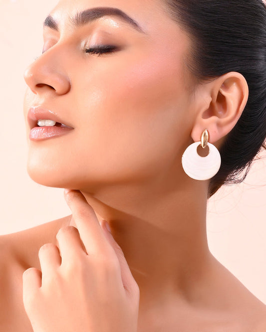 VOJ Gold-Polished Korean Style White Circular Studs Earrings - Swadesiicart