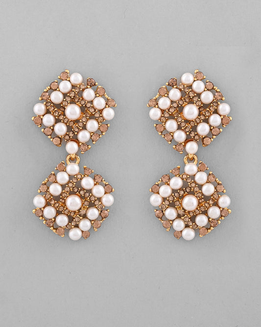 VOJ Gold-Polished Pearl And Gold Stone Drop Stud Earrings - Swadesiicart