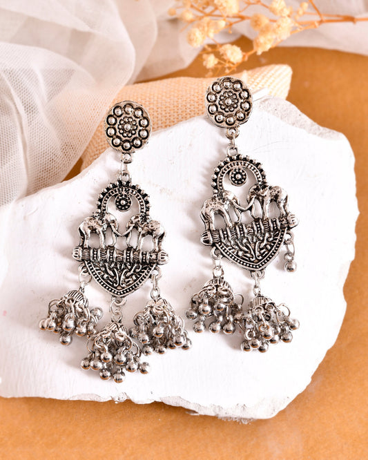 VOJ Silver-Plated Elephant Oxidized Contemporary Drop Earrings - Swadesiicart