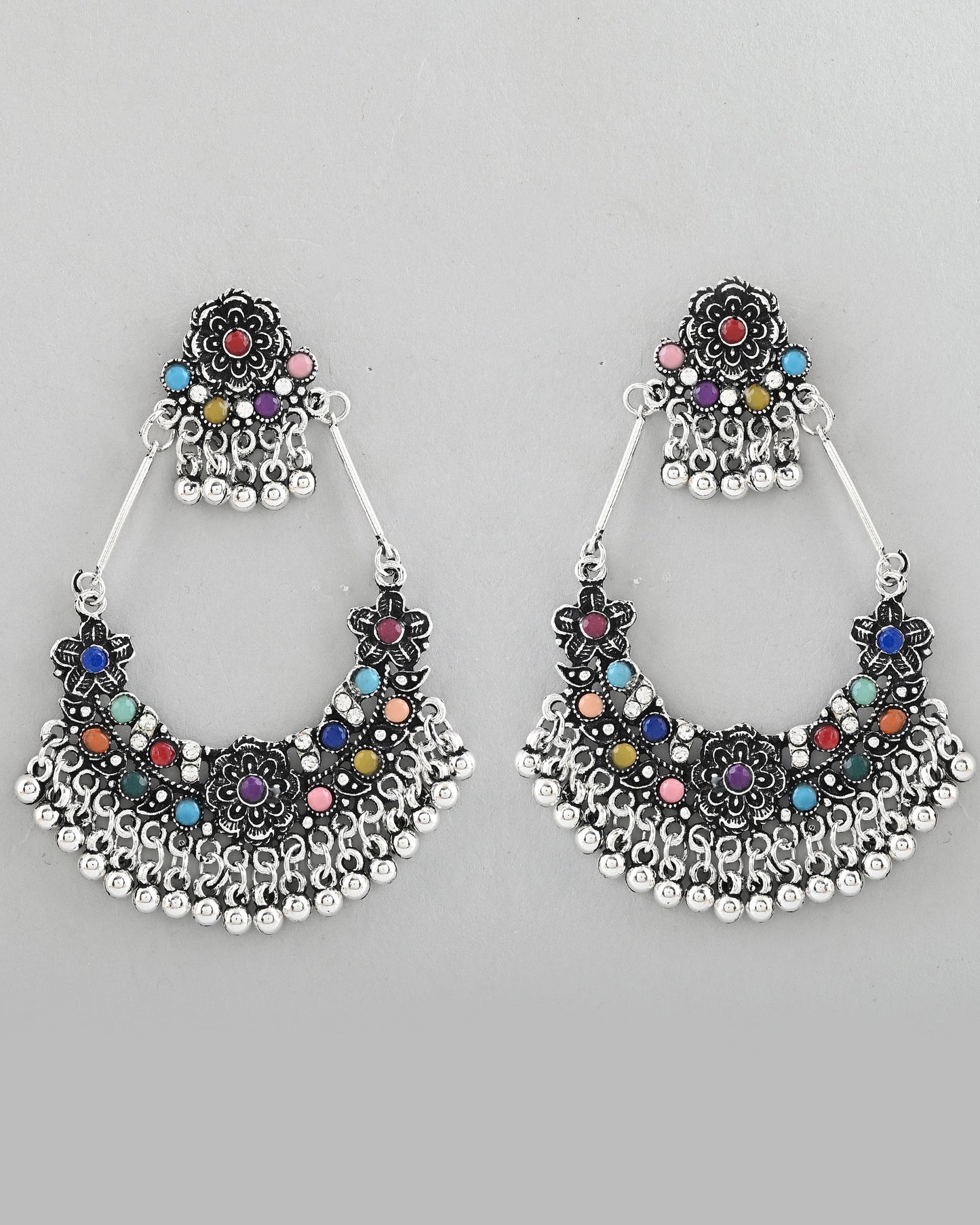 VOJ Silver-Plated multi Colour Flower Oxidized Shaped Drop Earrings - Swadesiicart