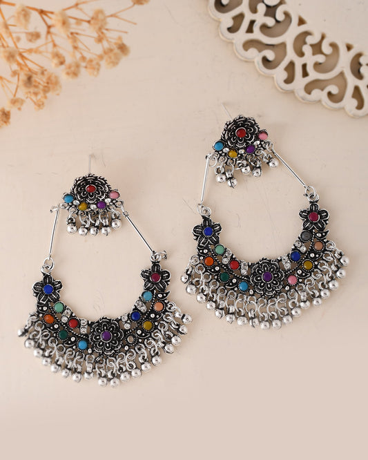 VOJ Silver-Plated multi Colour Flower Oxidized Shaped Drop Earrings - Swadesiicart