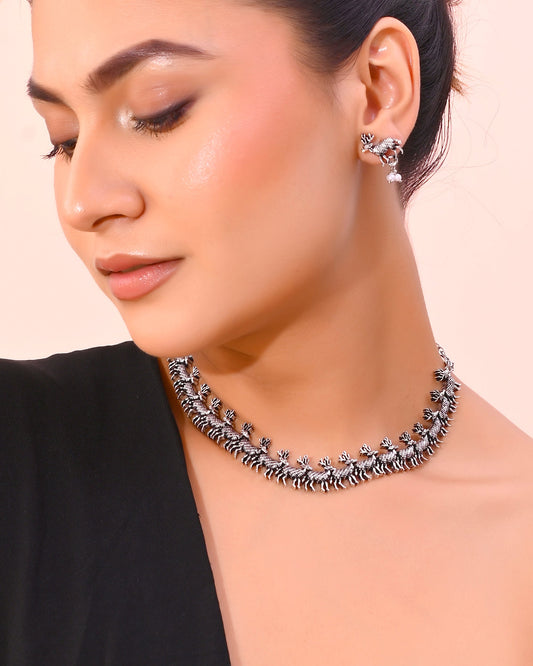 VOJ Rhodium-Plated Deer Oxidized Contemporary Choker With Earrings Set - Swadesiicart