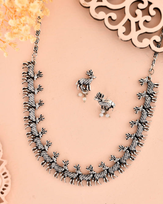 VOJ Rhodium-Plated Deer Oxidized Contemporary Choker With Earrings Set