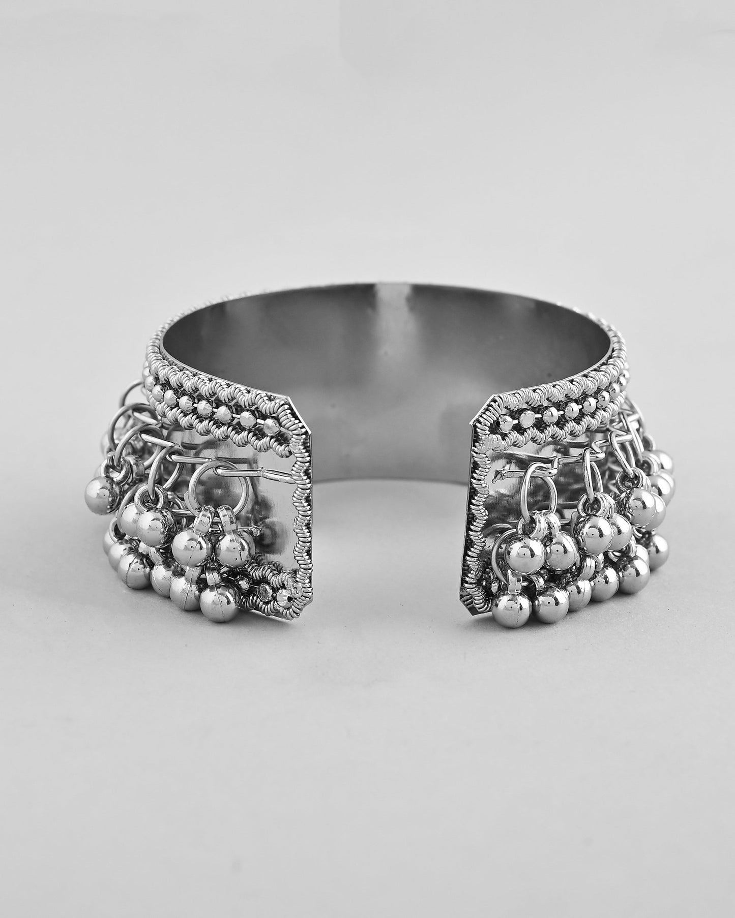 VOJ Silver-Plated Ghungroo Studded Oxidized Cuff Bracelet - Swadesiicart