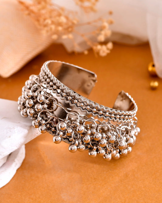VOJ Silver-Plated Ghungroo Studded Oxidized Cuff Bracelet - Swadesiicart