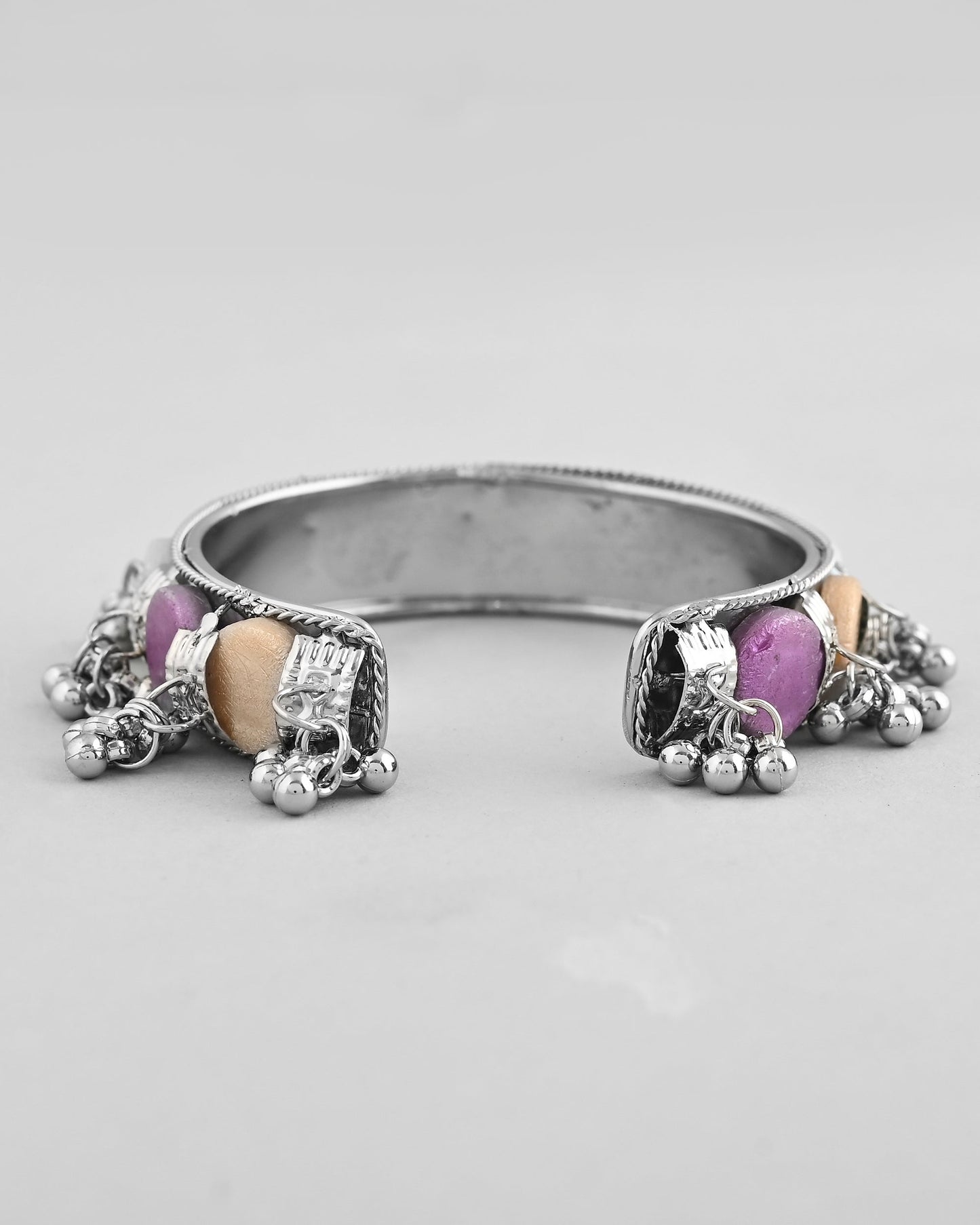 VOJ Silver-Plated Multi Colour Stone And Ghungroo Studded Oxidized Cuff Bracelet - Swadesiicart