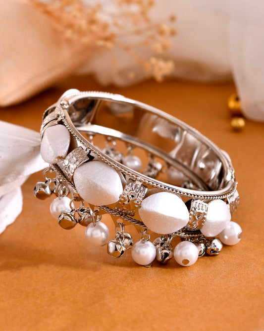 VOJ Silver-Plated Pearl And Ghungroo Studded Oxidized Cuff Bracelet - Swadesiicart