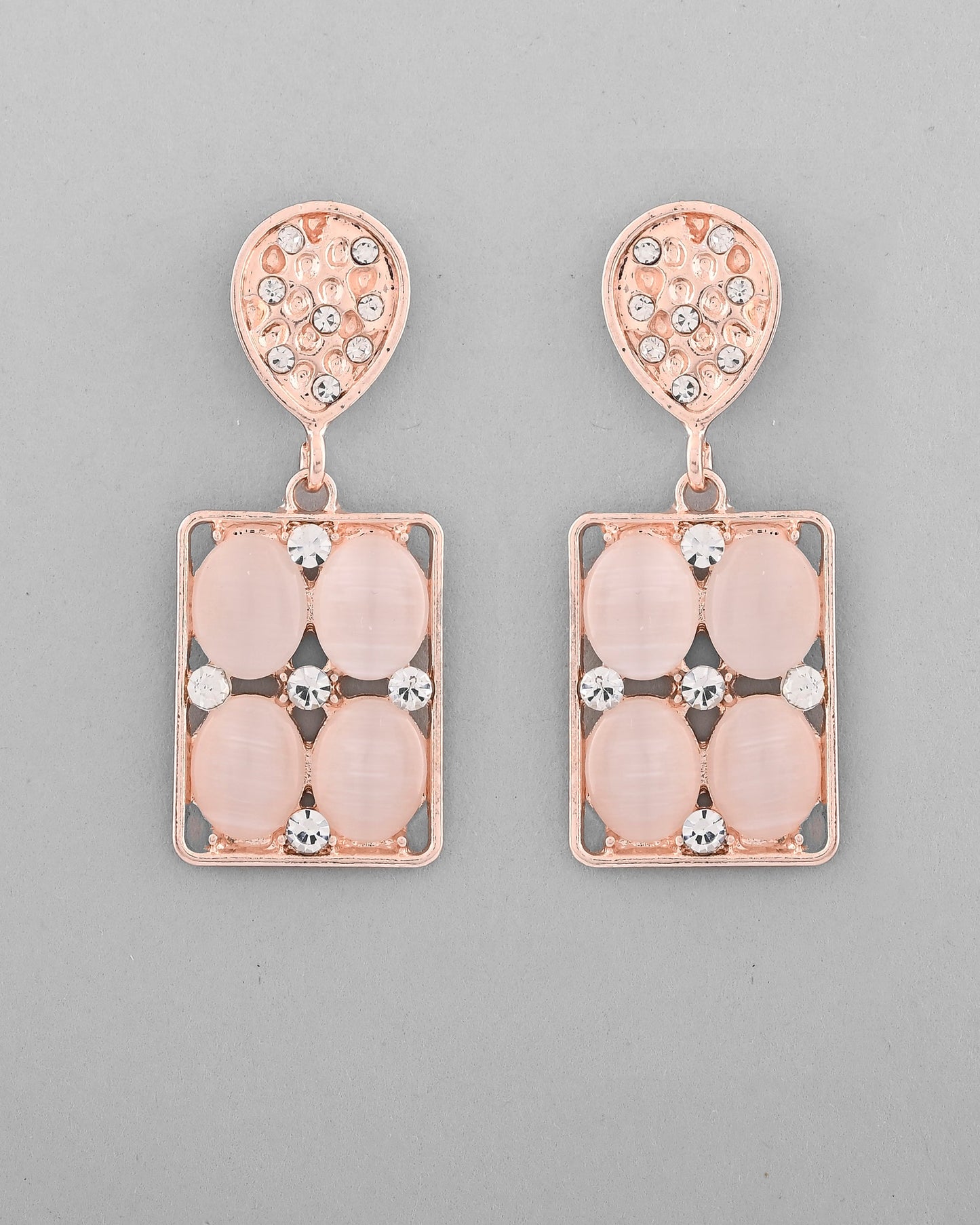 VOJ Rose Gold-Polished Stone Studded Rectangular Drop Earrings - Swadesiicart
