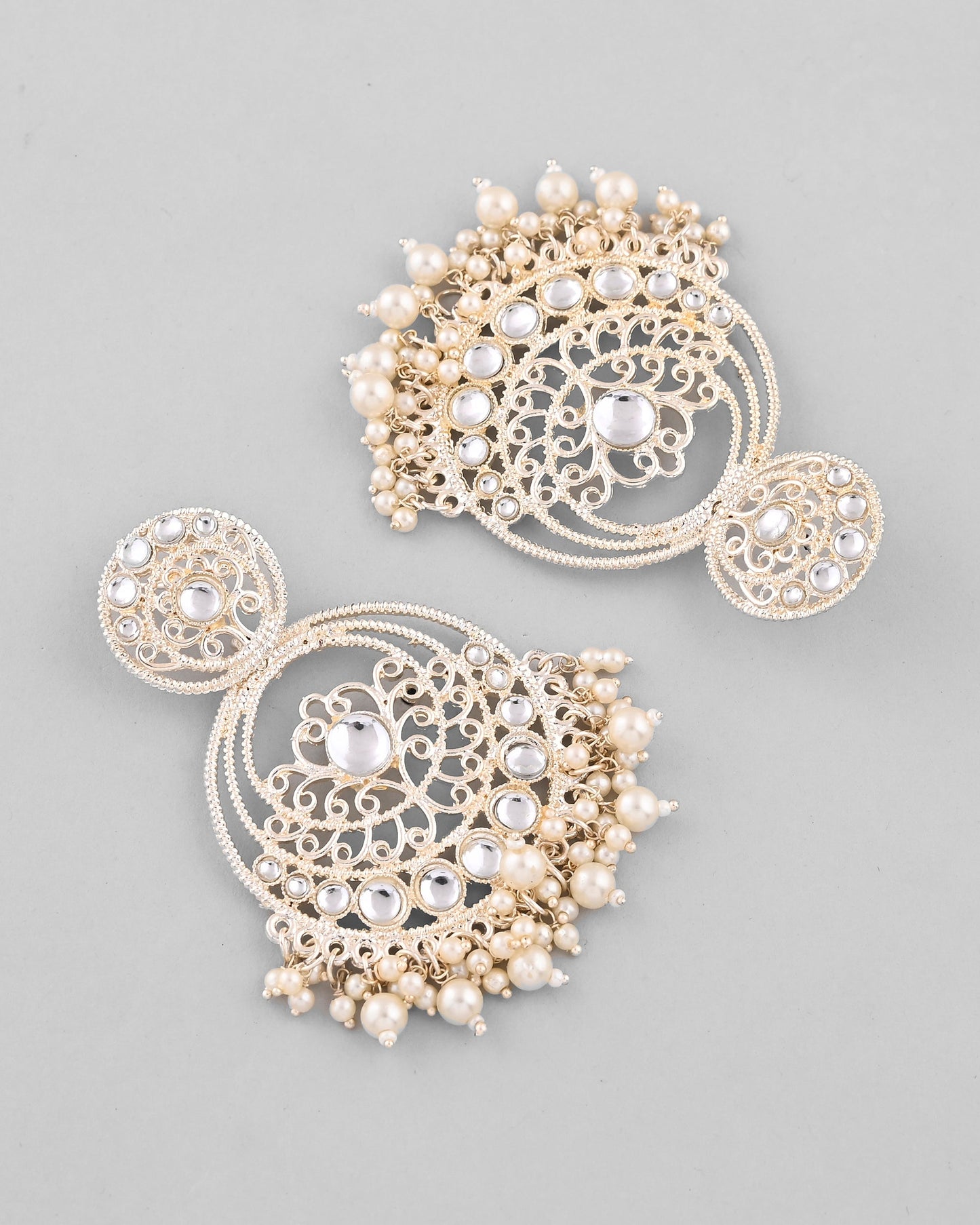 VOJ Gold-Polished Kundan Contemporary Circular Chandbaali Earrings - Swadesiicart