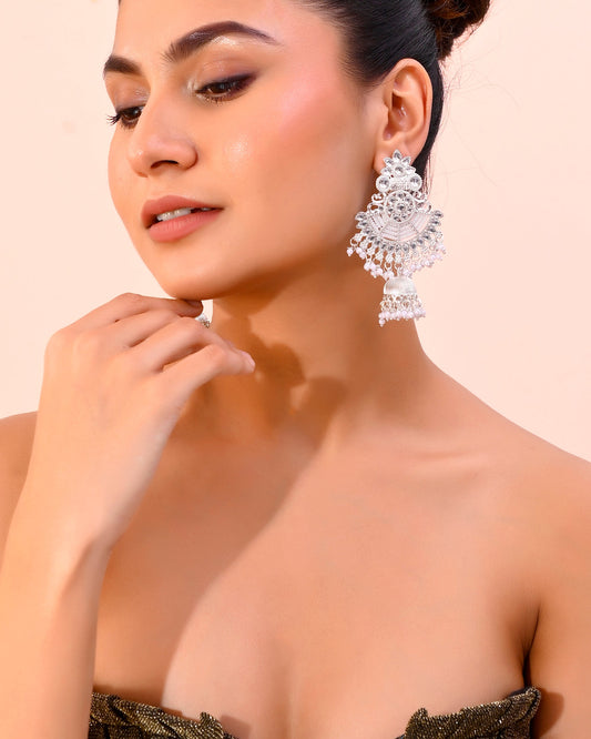 VOJ Silver plated Kundan Contemporary Jhumka Earrings - Swadesiicart